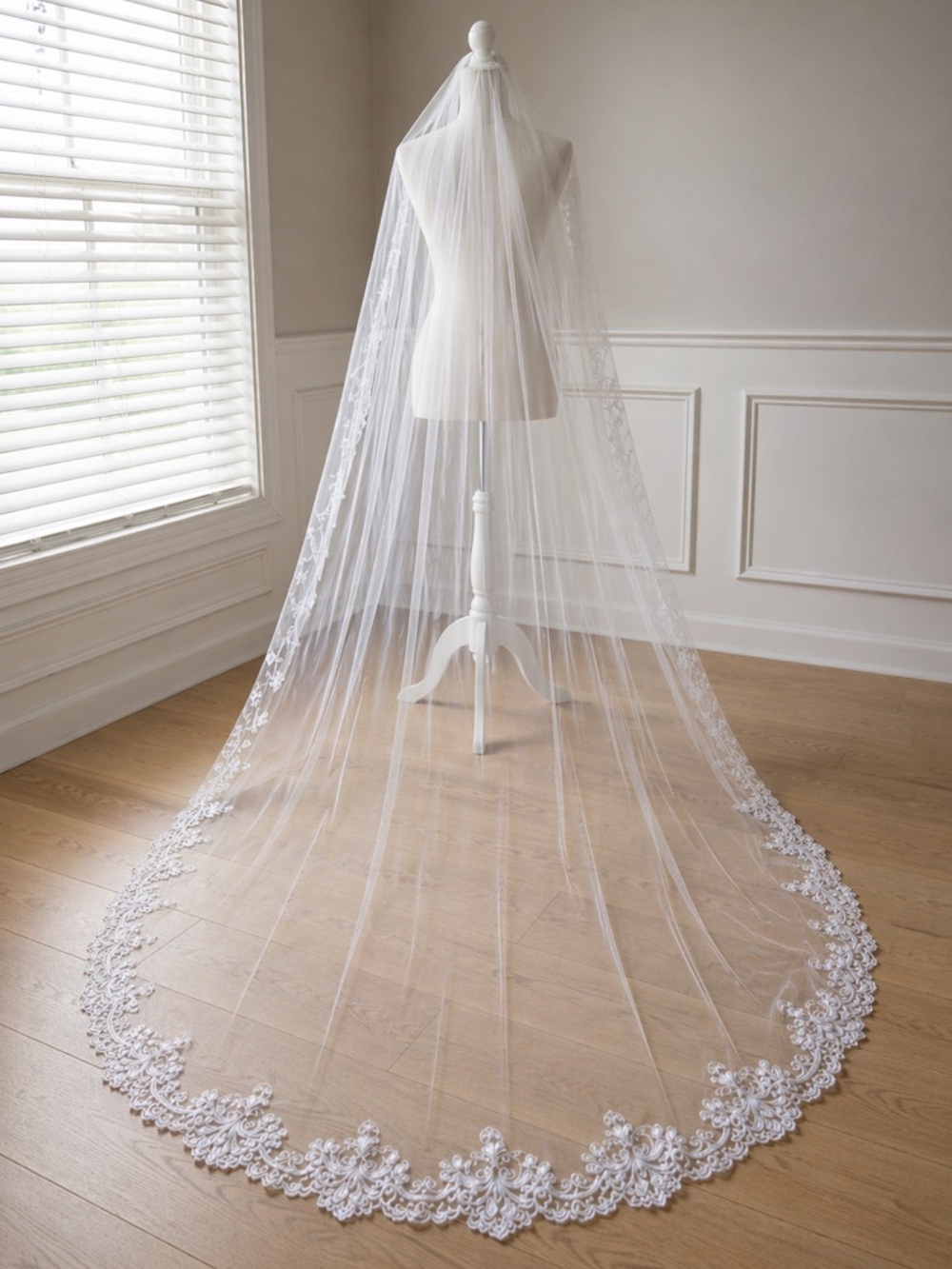 Elegant White Cathedral Bridal Veil with Lace Trim
